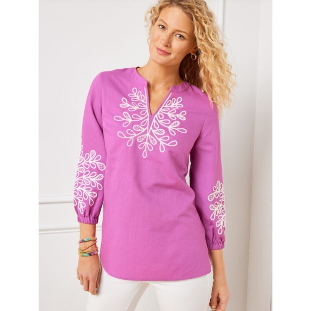 TALBOTS Embroidered Linen Cotton Tunic Plus Size 3X Purple NEW Embroidered